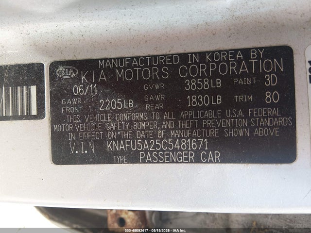 45092417 :رقم المزاد ، KNAFU5A25C5481671 vin ، 2012 Kia Forte Ex مزاد بيع