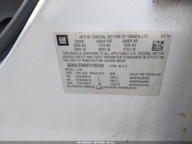 Aukcja sprzedaży 2015 Gmc Terrain Slt-2, vin: 2GKALTEK6F6105704, numer aukcji: 45092420