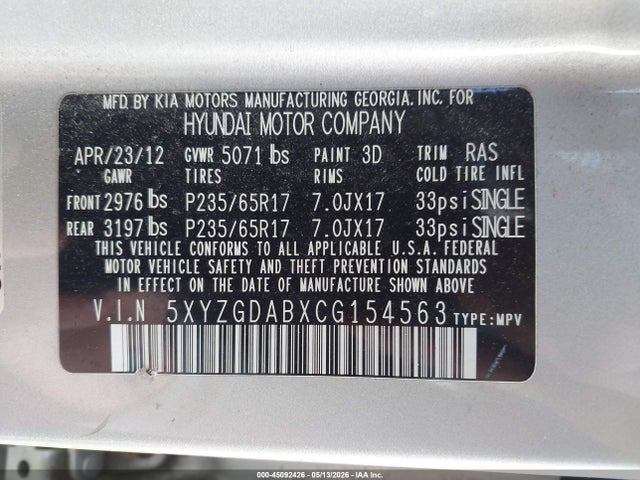 Aukcja sprzedaży 2012 Hyundai Santa Fe Gls, vin: 5XYZGDABXCG154563, numer aukcji: 45092426
