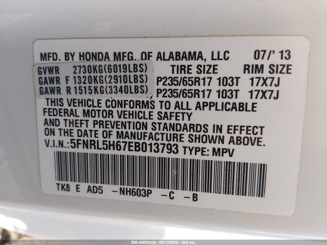 Honda Odyssey Ex-l 2014 5FNRL5H67EB013793 Image 9