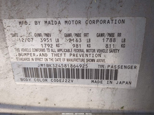Auction sale of the 2008 Mazda Mazda3 S Touring, vin: JM1BK324581864925, lot number: 45092432