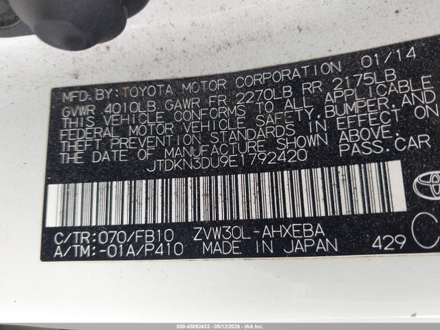 Aukcja sprzedaży 2014 Toyota Prius Two, vin: JTDKN3DU9E1792420, numer aukcji: 45092433