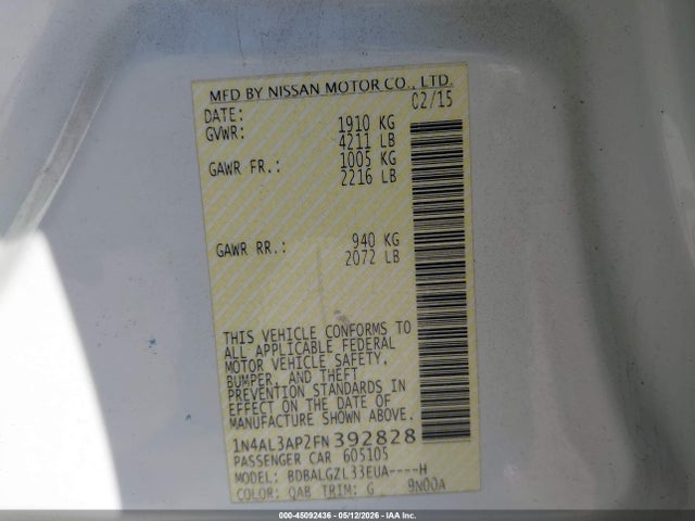 45092436 :رقم المزاد ، 1N4AL3AP2FN392828 vin ، 2015 Nissan Altima 2.5 S مزاد بيع