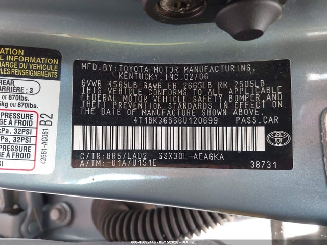 45092446 :رقم المزاد ، 4T1BK36B66U120699 vin ، 2006 Toyota Avalon Xls مزاد بيع