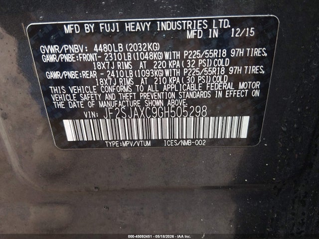 2016 Subaru Forester 2.5i Touring მანქანა იყიდება აუქციონზე, vin: JF2SJAXC9GH505298, აუქციონის ნომერი: 45092451