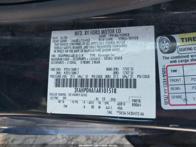Aukcja sprzedaży 2010 Ford Fusion Se, vin: 3FAHP0HA1AR101518, numer aukcji: 45092457