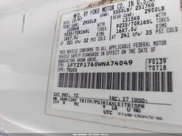 45092469 :رقم المزاد ، 1FTZF1760WNA74049 vin ، 1998 Ford F-150 مزاد بيع
