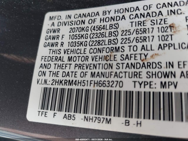 45092471 :رقم المزاد ، 2HKRM4H51FH663270 vin ، 2015 Honda Cr-v Ex مزاد بيع