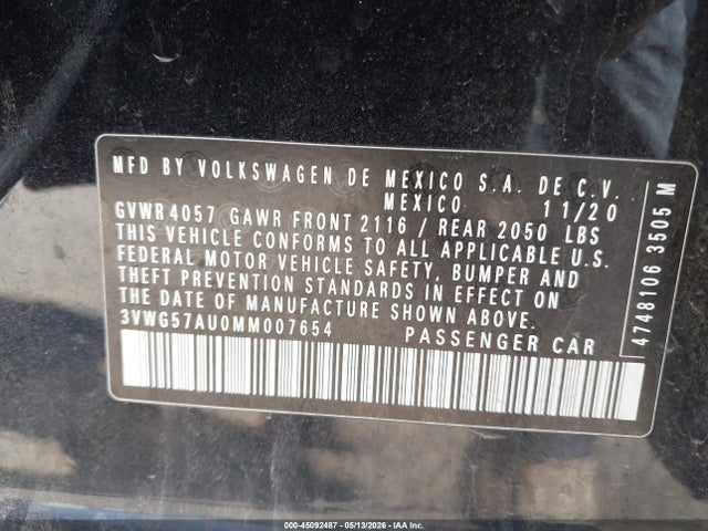 Aukcja sprzedaży 2021 Volkswagen Golf 1.4t Tsi, vin: 3VWG57AU0MM007654, numer aukcji: 45092487