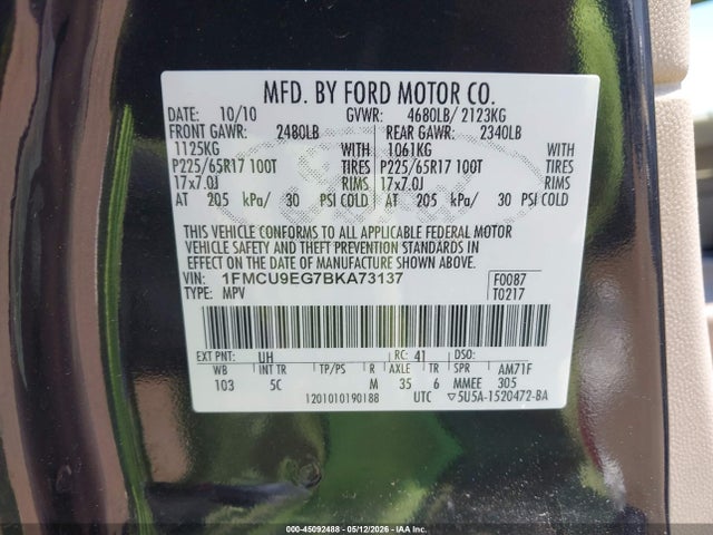 Auction sale of the 2011 Ford Escape Limited, vin: 1FMCU9EG7BKA73137, lot number: 45092488