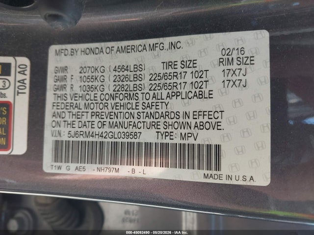 Aukcja sprzedaży 2016 Honda Cr-v Se, vin: 5J6RM4H42GL039587, numer aukcji: 45092490