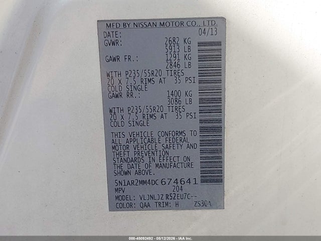 45092492 :رقم المزاد ، 5N1AR2MM4DC674641 vin ، 2013 Nissan Pathfinder Platinum مزاد بيع