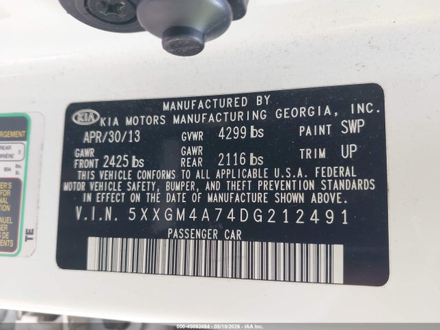45092494 :رقم المزاد ، 5XXGM4A74DG212491 vin ، 2013 Kia Optima Lx مزاد بيع