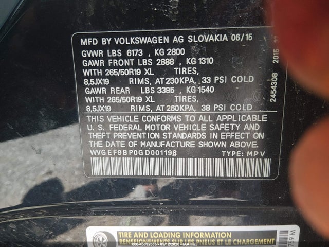Aukcja sprzedaży 2016 Volkswagen Touareg Vr6 Lux, vin: WVGEF9BP0GD001196, numer aukcji: 45092505