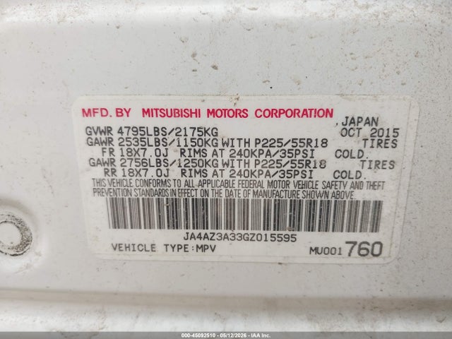 Продаж на аукціоні авто 2016 Mitsubishi Outlander Se, vin: JA4AZ3A33GZ015595, номер лоту: 45092510