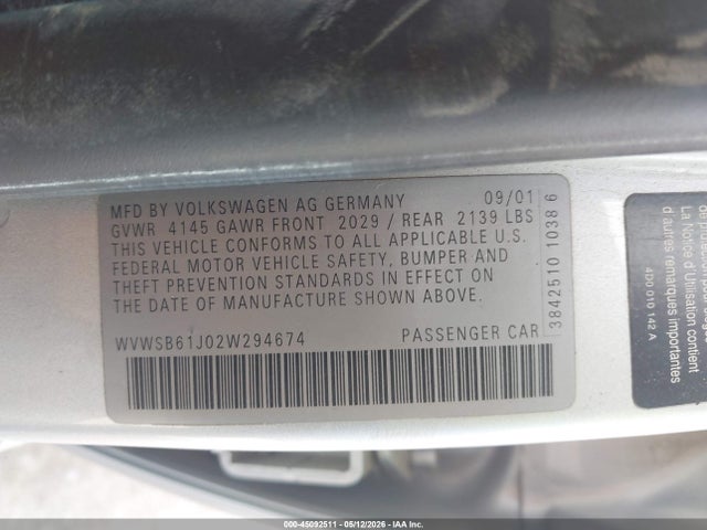 2002 Volkswagen Jetta Gls 2.0l მანქანა იყიდება აუქციონზე, vin: WVWSB61J02W294674, აუქციონის ნომერი: 45092511