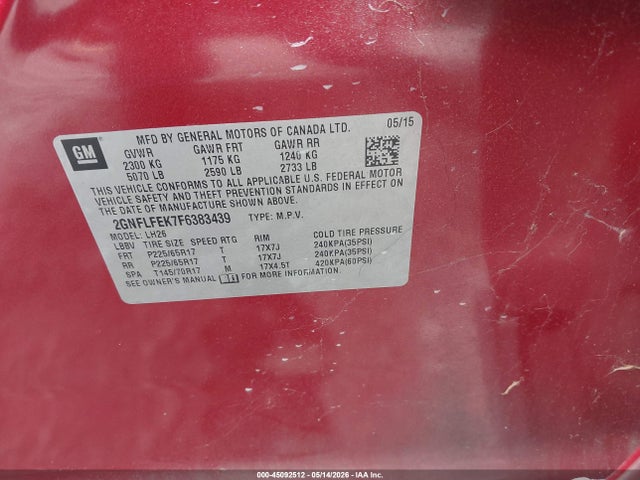 Aukcja sprzedaży 2015 Chevrolet Equinox 1lt, vin: 2GNFLFEK7F6383439, numer aukcji: 45092512
