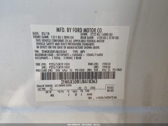 Ford Flex Limited 2018 2FMGK5D81JBA18363 Image 9