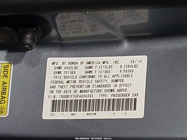 45092529 :رقم المزاد ، 19UUB1F35FA004245 vin ، 2015 Acura Tlx مزاد بيع