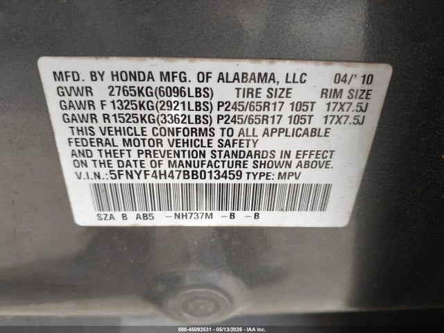 Продажа на аукционе авто 2011 Honda Pilot Ex, vin: 5FNYF4H47BB013459, номер лота: 45092531