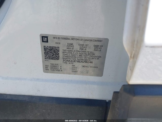 Aukcja sprzedaży 2018 Chevrolet Equinox Lt, vin: 2GNAXJEV8J6296346, numer aukcji: 45092532