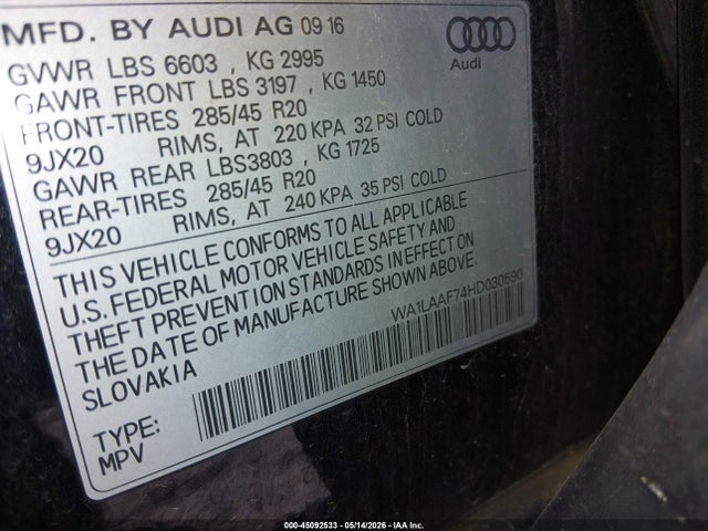 Продажа на аукционе авто 2017 Audi Q7 3.0t Premium, vin: WA1LAAF74HD030590, номер лота: 45092533
