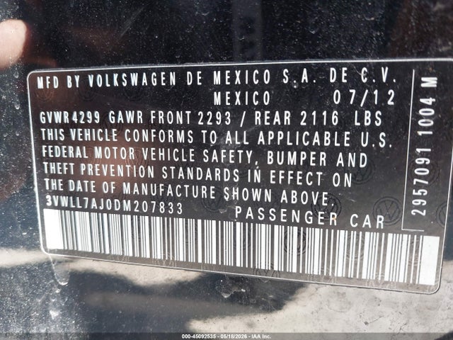 45092535 :رقم المزاد ، 3VWLL7AJ0DM207833 vin ، 2013 Volkswagen Jetta 2.0l Tdi مزاد بيع