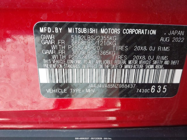 2022 Mitsubishi Outlander მანქანა იყიდება აუქციონზე, vin: JA4J4VA85NZ088437, აუქციონის ნომერი: 45092537