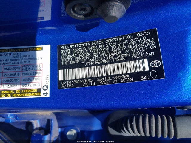 Продажа на аукционе авто 2021 Toyota C-hr Xle, vin: JTNKHMBX8M1119848, номер лота: 45092541