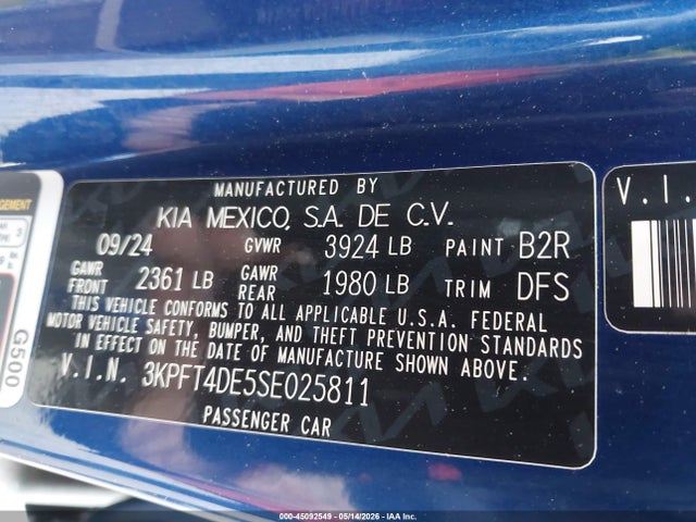 45092549 :رقم المزاد ، 3KPFT4DE5SE025811 vin ، 2025 Kia K4 Lxs مزاد بيع