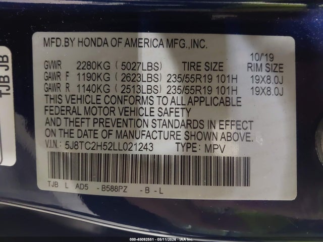 Aukcja sprzedaży 2020 Acura Rdx Technology Package, vin: 5J8TC2H52LL021243, numer aukcji: 45092551