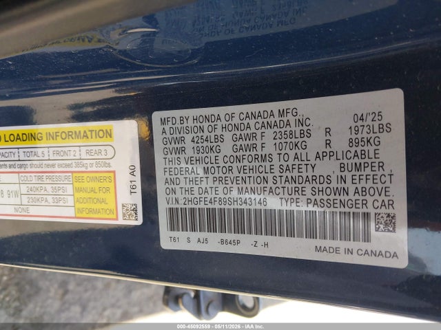 2HGFE4F89SH343146 Honda Civic Hybrid Sport/sport Touring