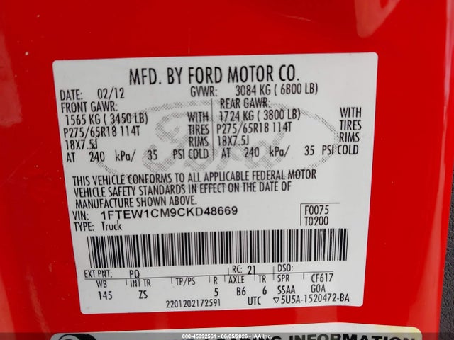 Aukcja sprzedaży 2012 Ford F-150 Xlt, vin: 1FTEW1CM9CKD48669, numer aukcji: 45092561