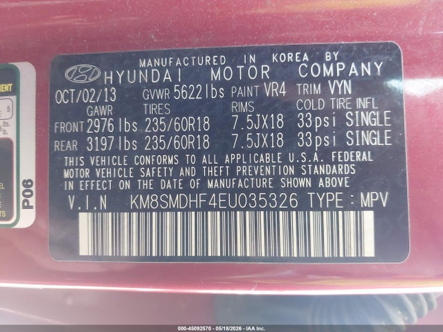 Aukcja sprzedaży 2014 Hyundai Santa Fe Gls, vin: KM8SMDHF4EU035326, numer aukcji: 45092570