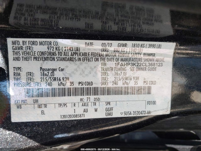45092575 :رقم المزاد ، 1FAHP3K22CL368123 vin ، 2012 Ford Focus Se مزاد بيع