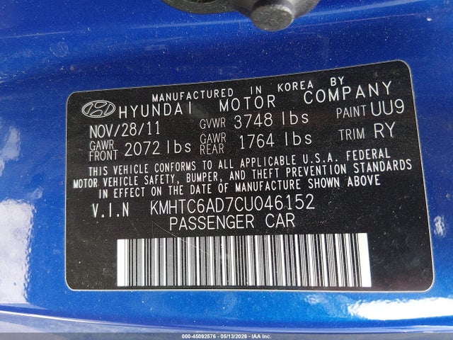 Aukcja sprzedaży 2012 Hyundai Veloster Base W/gray, vin: KMHTC6AD7CU046152, numer aukcji: 45092576