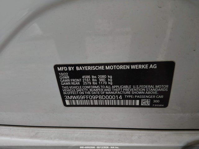 2023 Bmw 330i მანქანა იყიდება აუქციონზე, vin: 3MW69FF09P8D00014, აუქციონის ნომერი: 45092586