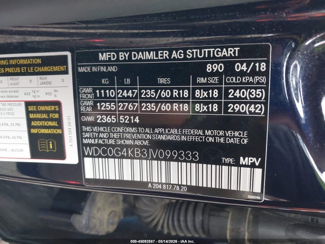 45092587 :رقم المزاد ، WDC0G4KB3JV099333 vin ، 2018 Mercedes-benz Glc 300 4matic مزاد بيع