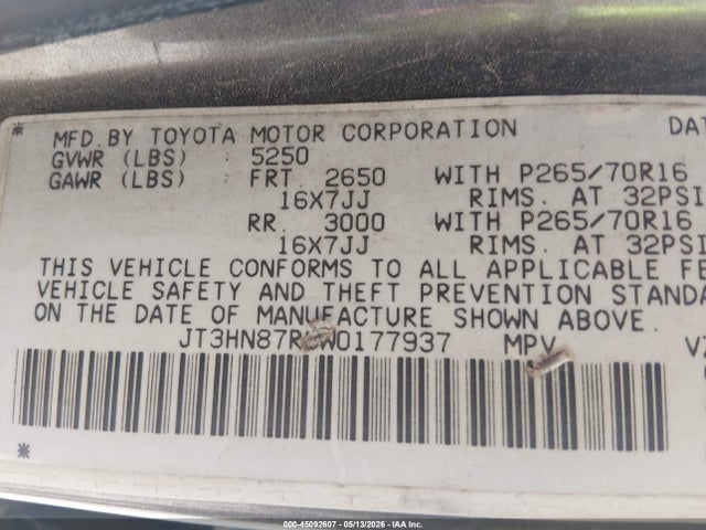 45092607 :رقم المزاد ، JT3HN87R3W0177937 vin ، 1998 Toyota 4runner Sr5 V6 Limited مزاد بيع