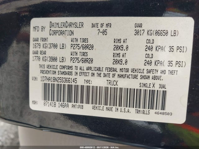 Продаж на аукціоні авто 2005 Dodge Ram 1500 Slt/laramie, vin: 1D7HA18N25S366145, номер лоту: 45092612