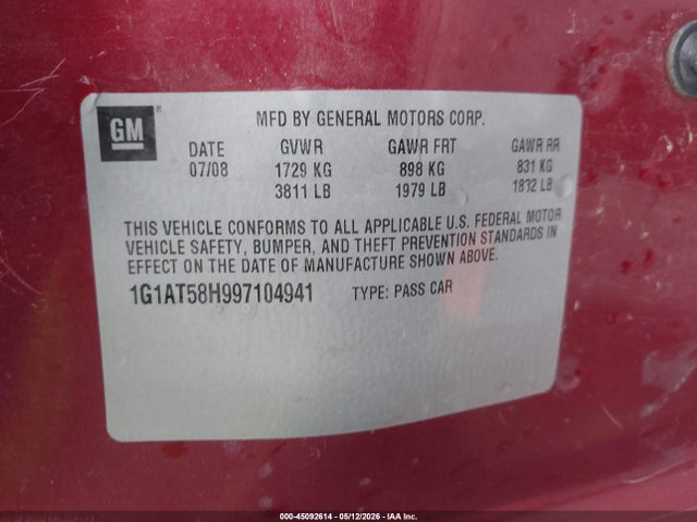 Продаж на аукціоні авто 2009 Chevrolet Cobalt Lt, vin: 1G1AT58H997104941, номер лоту: 45092614