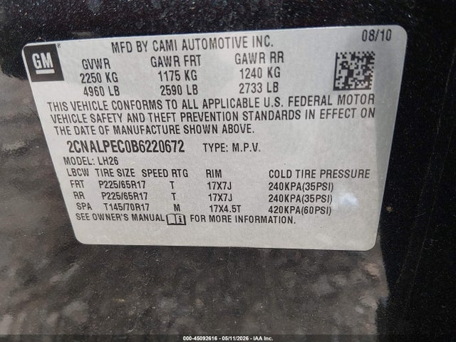 2011 Chevrolet Equinox 2lt მანქანა იყიდება აუქციონზე, vin: 2CNALPEC0B6220672, აუქციონის ნომერი: 45092616