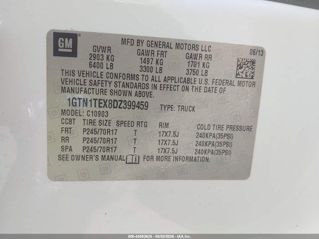 45092625 :رقم المزاد ، 1GTN1TEX8DZ399459 vin ، 2013 Gmc Sierra 1500 Work Truck مزاد بيع
