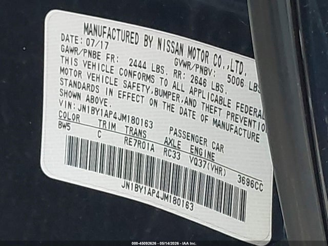 45092626 :رقم المزاد ، JN1BY1AP4JM180163 vin ، 2018 Infiniti Q70 3.7 Luxe مزاد بيع
