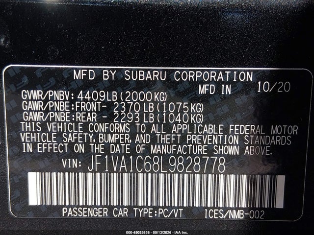 Продажа на аукционе авто 2020 Subaru Wrx Premium, vin: JF1VA1C68L9828778, номер лота: 45092636