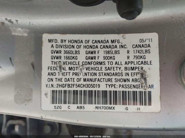 2012 Honda Civic Lx მანქანა იყიდება აუქციონზე, vin: 2HGFB2F54CH305019, აუქციონის ნომერი: 45092644