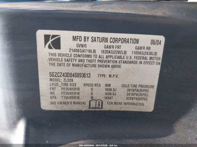 Продажа на аукционе авто 2004 Saturn Vue 4 Cyl, vin: 5GZCZ43D04S893613, номер лота: 45092645