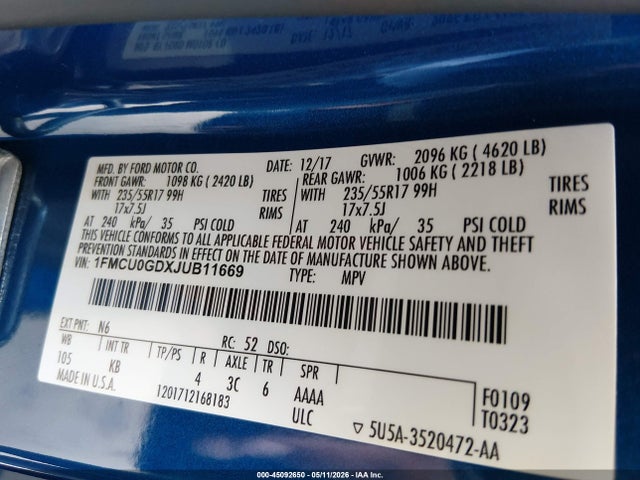 45092650 :رقم المزاد ، 1FMCU0GDXJUB11669 vin ، 2018 Ford Escape Se مزاد بيع
