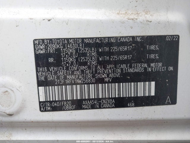 2022 Toyota Rav4 Le მანქანა იყიდება აუქციონზე, vin: 2T3F1RFV1NW256830, აუქციონის ნომერი: 45092651