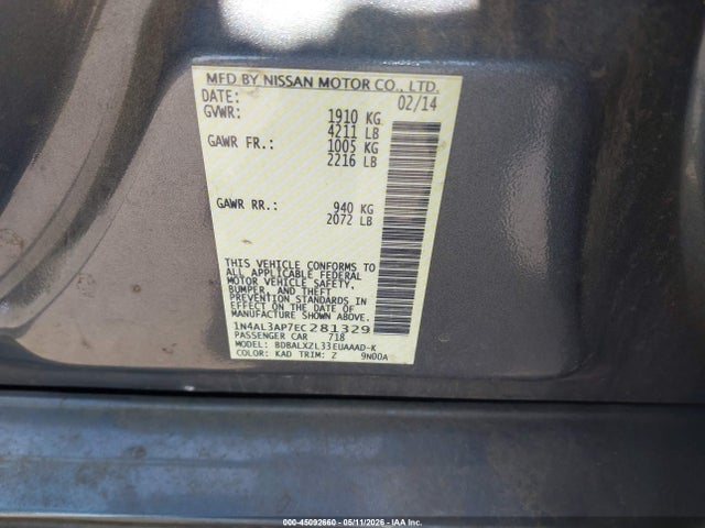 2014 Nissan Altima 2.5 Sl მანქანა იყიდება აუქციონზე, vin: 1N4AL3AP7EC281329, აუქციონის ნომერი: 45092660